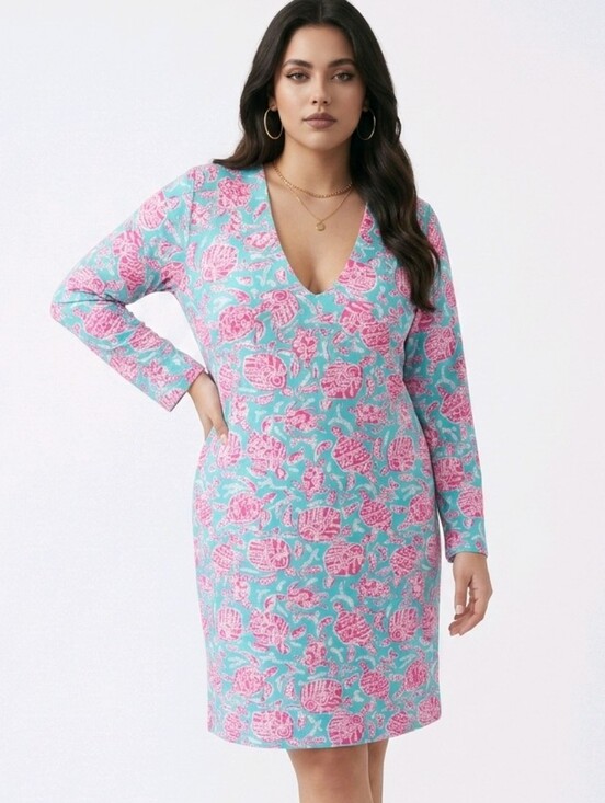 Banana Boat UPF 50+ Dresses & Skirts - Elegant V-Neck Long Sleeve Dress - Pink and Blue XL